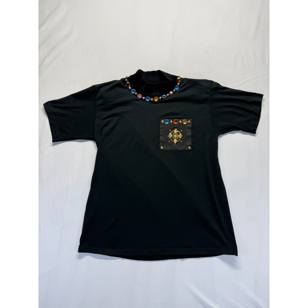 3-D Images T Shirt Womens Large‎ Black Mock Neck Embellished Rhinestones Casual